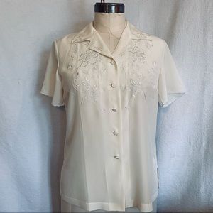 Pure silk M/L ivory hand embroidered short sleeve blouse. NWOT